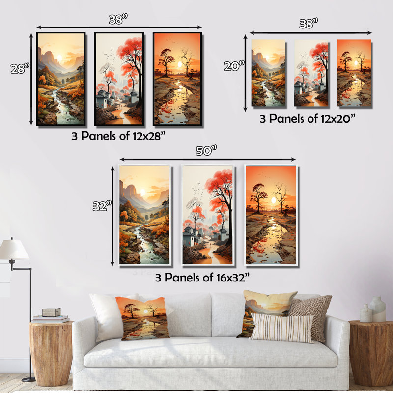 «Orange Beige African Valley», 3 pièces sur toile, Cadre flottant noir, H 28 po x l 36 po