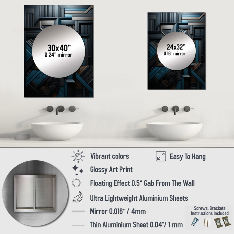 Zanoah Onyx Opulence Vector - Abstract Shapes Unique Wall Mirror, Black Mirror, Printed Metal Art, 32" x 24"