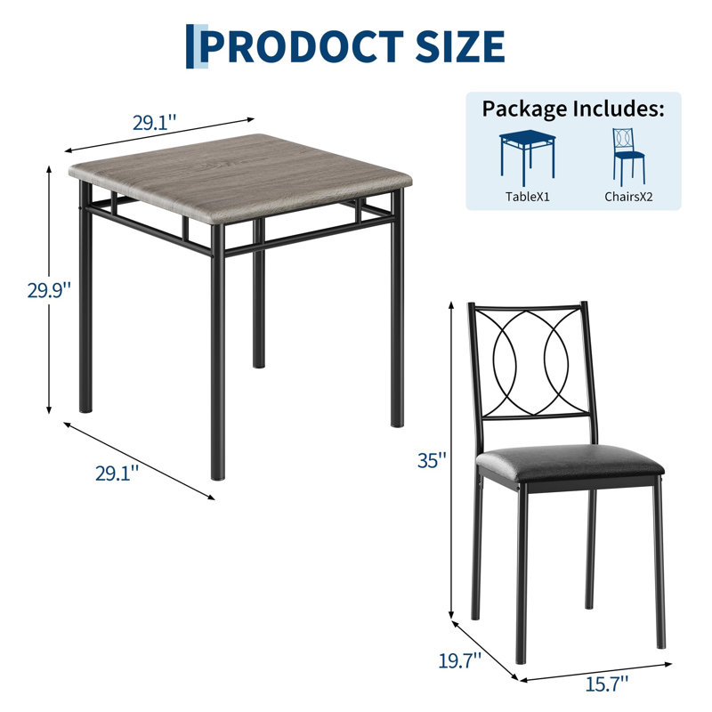 Ensemble de table à manger moderne pour 2 personnes, table de cuisine en bois de ferme avec 2 chaises rembourrées, coin-repas compact pour petits appartements