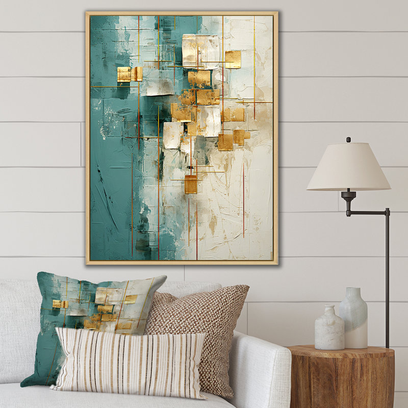 «California Sunshine Retro Abstract Gold Teal», reproduction d'art sur toile, H 40 po x l 30 po x P 1,5 po