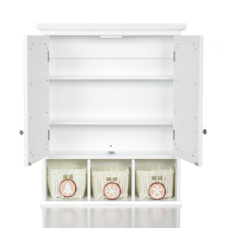 Armoire de rangement pour salle de bain, armoires à pharmacie pour salle de bain avec miroir, 2 portes, 2 tablettes réglables + 3 paniers de rangement de style Noël, armoire murale en bois blanc pour la salle de bain
