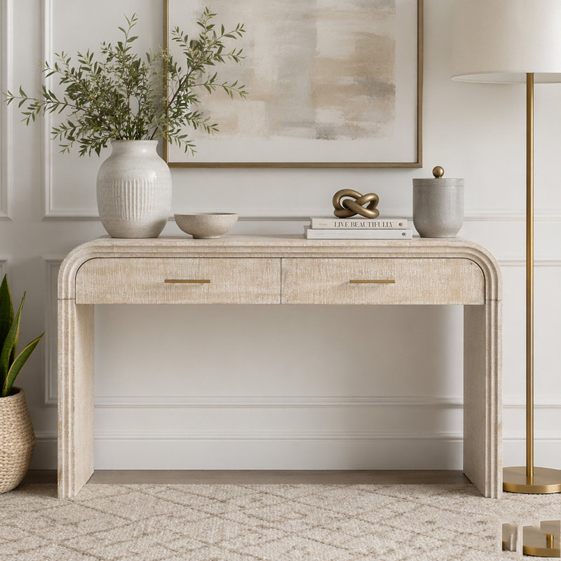 Console à silhouette rétro unique avec deux tiroirs supérieurs, Natural Wood Wash