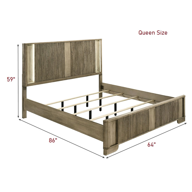 Cadre de grand lit avec tête de lit à DEL, style transitionnel, finition chêne antique, panneaux, bois massif pour chambre à coucher avec aspect rustique