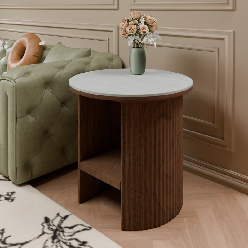 Table de bout en bois massif brun avec plateau en ardoise