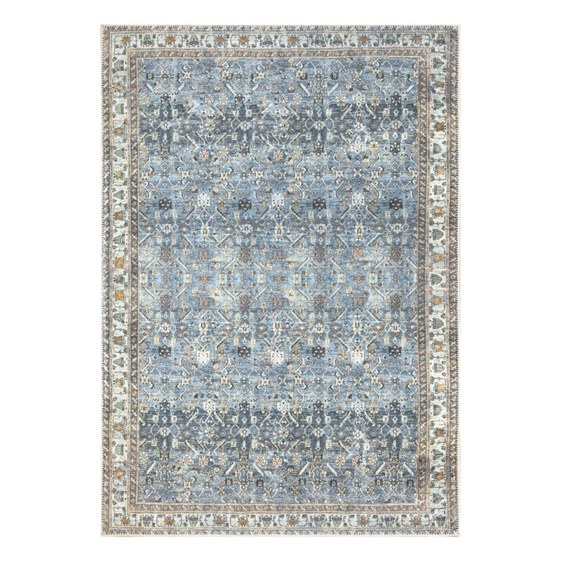 Blue and Beige Cotton Synthetic Floral 4' x 6' Area Rug