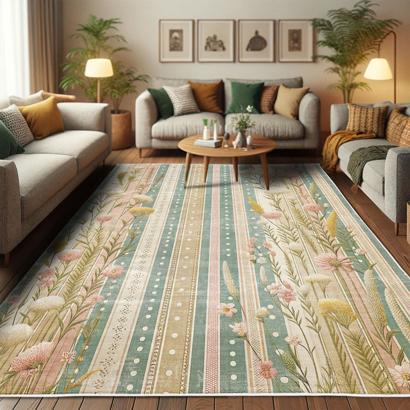 Cadet Blue and Blush Floral Synthetic Area Rug, 2'5" x 5'