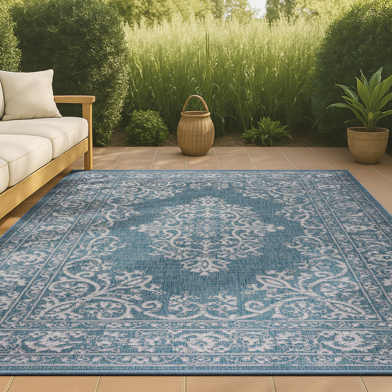 Callisburg Filigree Teal/Ivory Indoor/Outdoor Rug, Rectangle 3'11" x 6'