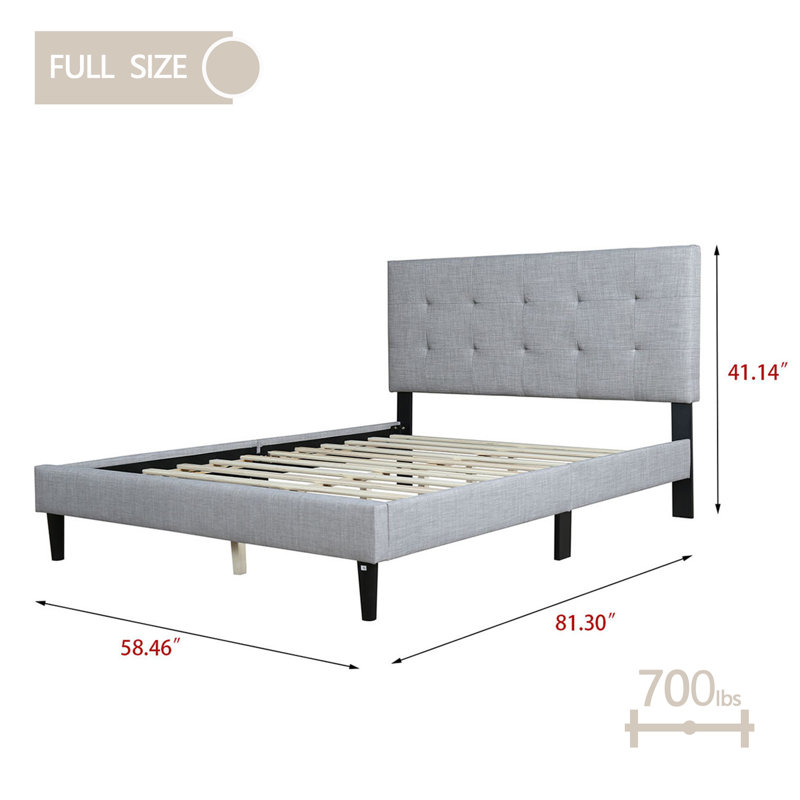 Upholstered Bed, Full/Double, Light Grey