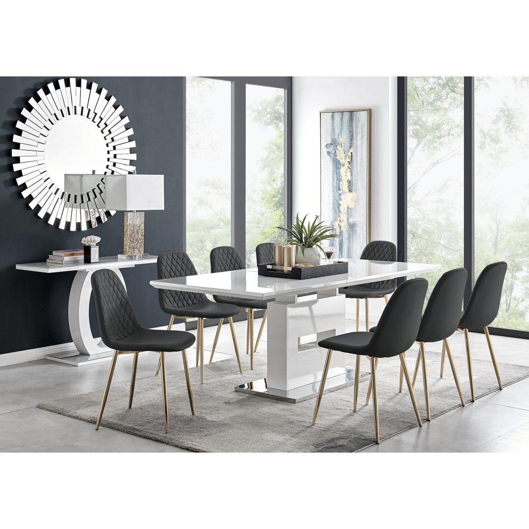 Alezzo Modern High Gloss Extendable Dining Table Set with 8 Luxury Faux Leather Dining Chairs