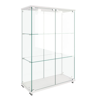 Modern Glass Bookshelf With Quick - Assembly, Remote Controlled Led Lights, Suitable For Living Rooms And Offices, 47.9" Tall 2 Door 3 Shelf Tempered Display Cabinet Room Bedroom, Transparent +