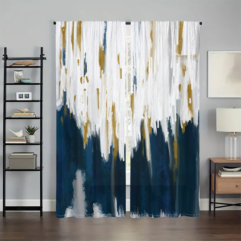 2Pcs Abstract Brush Stroke Curtains Navy Blue Gold White Rod Pocket Polyester Watercolor Digital Printed Window Panels Living Room Bedroom Study Dining Modern Elegant Home Decor