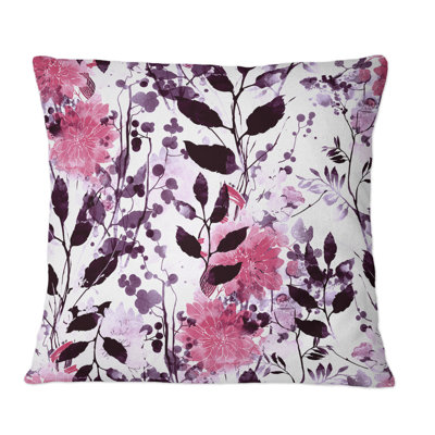 Pink And Black Leaves On White - Patterned Printed Throw Pillow
