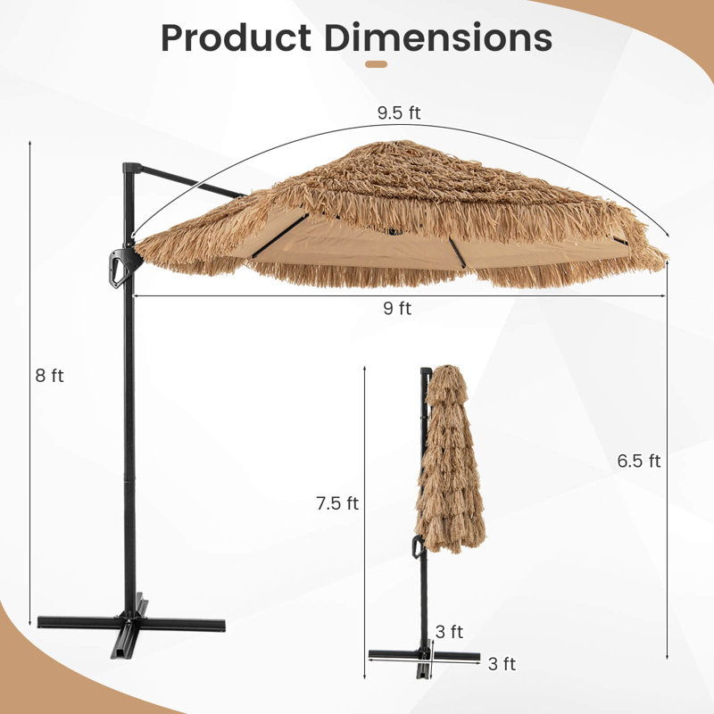 Parasol de patio en porte-à-faux 9,5 pi avec toit ventilé Hula Tiki Thatch 9,5 pi