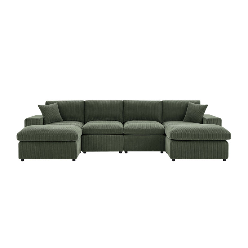 134" Cloud Sectional Couch U-Shaped Chaise With Ottoman,Modern Corduroy Deep-Seat Upholstered Modular Cloud Sofa With 2 Pillows For Living Room