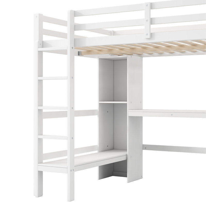 Lit mezzanine double blanc avec tablettes multifonctionnelles et bureau intégré, structure en bois de pin, style rustique moderne