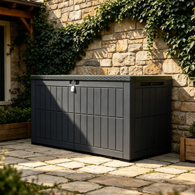 Coffre de terrasse Quartey 120 gallons en résine avec mécanisme de fermeture en douceur et serrure