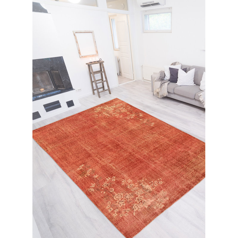 Tapis cuivre foncé en laine noué à la main de conception unique de style années 2000 7 pi x 10 pi Ohene