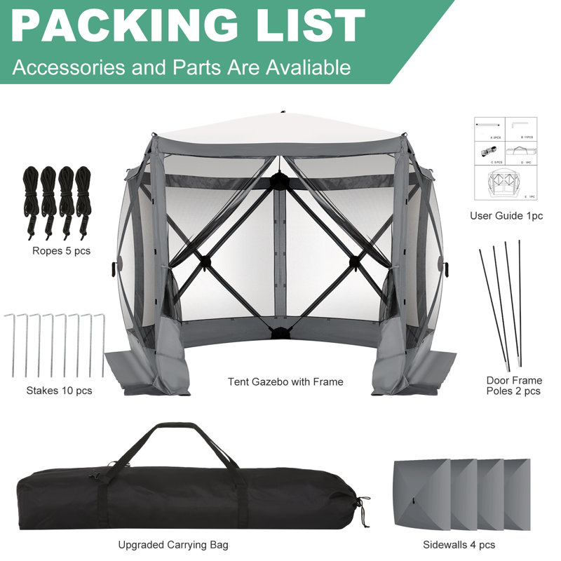 10x10ft Camping Gazebo Screen Tent, 5 Sided Pop-up Canopy Shelter with Mesh Windows, Grey