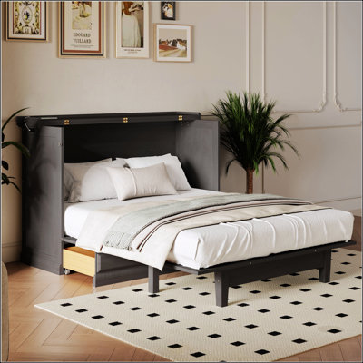 Lit escamotable en bois de pin massif de style campagnard avec station de charge et grand tiroir de rangement, idéal pour un bureau à domicile ou une petite pièce, taille double, gris