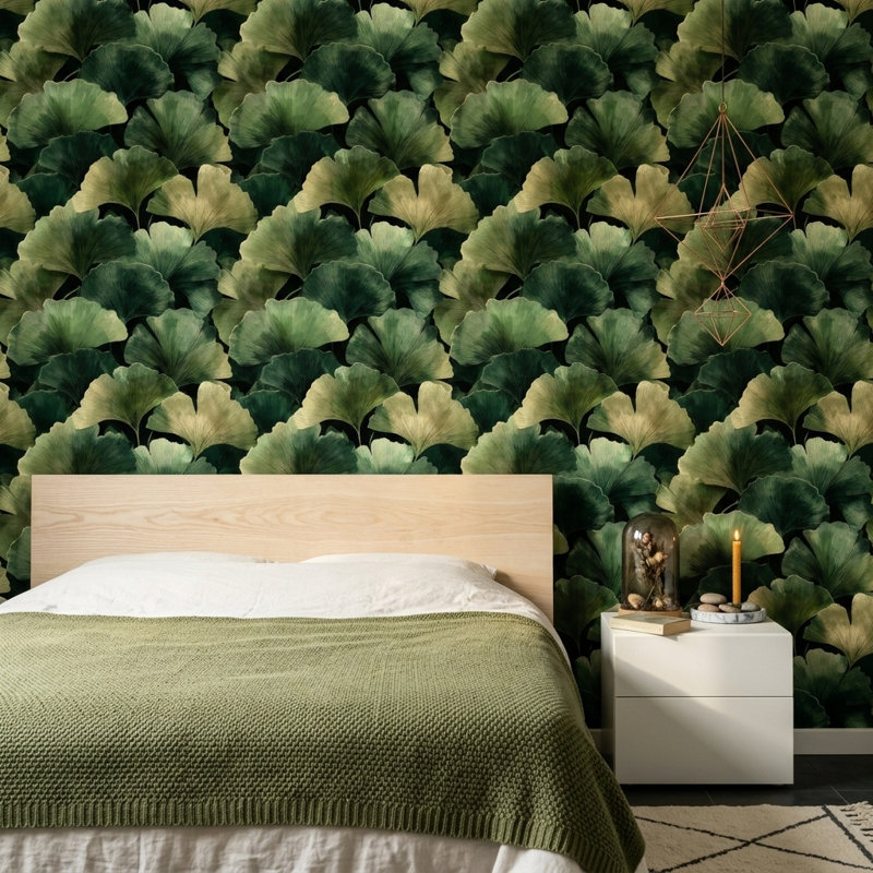 Papier peint botanique foncé avec feuilles de ginkgo et feuillage vert amovible, Non tissé, non collé
