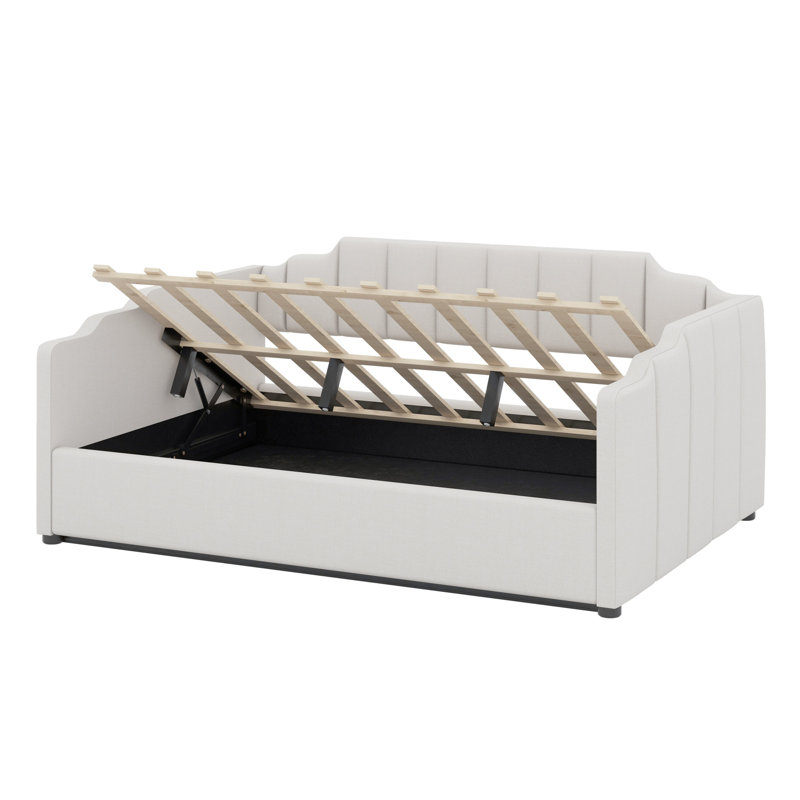 Lit de jour rembourré avec rangement inférieur, Beige, Lit double