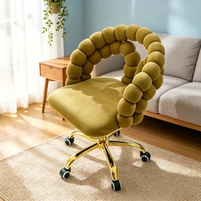 Adjustable Height Bubble Tufted Velvet Swivel Vanity Chair, Open Curved U-Back Rolling Accent Chair with Polished Gold Metal Base & Casters for Makeup Room & Bedroom
