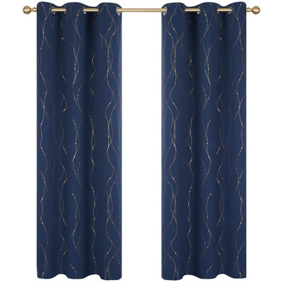 Gold Wave Line and Dots Printed Blackout Grommet Curtains (Set of 2)