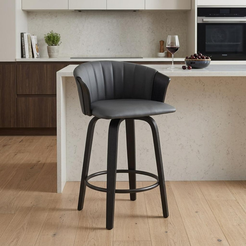 Boeschen Swivel Counter or Bar Height Upholstered Bar Stool with Arms and Footrest in Wood, Counter Stool (26” Seat Height)