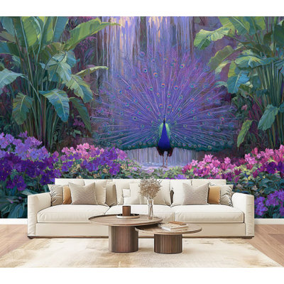 Peel and Stick Wallpaper Peacocks Displaying Feathers Garden Design Peacock Flowers Waterfall Wall Murals 69"H x 96"W Removable PVC Wall Paper Self-Adhesive Wall Decor for Bedroom Living Room Home Office