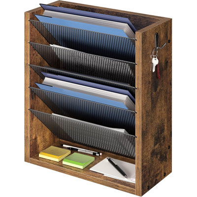 Hanging Wall File Organizer, 6 Tier Wood Wall File Holder with 2 Hooks