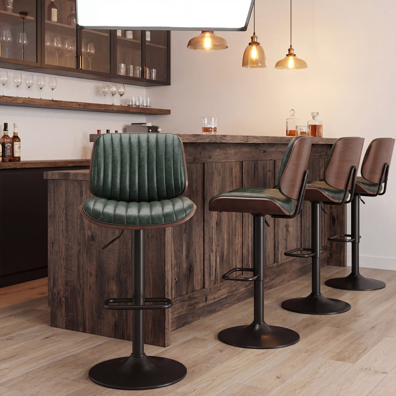 Modern Swivel 26”H Barstools, Adjustable Height Counter Stools With Bentwood, Faux Leather Upholstered Bar Stools With Footrest For Bar, Kitchen, Dining Room