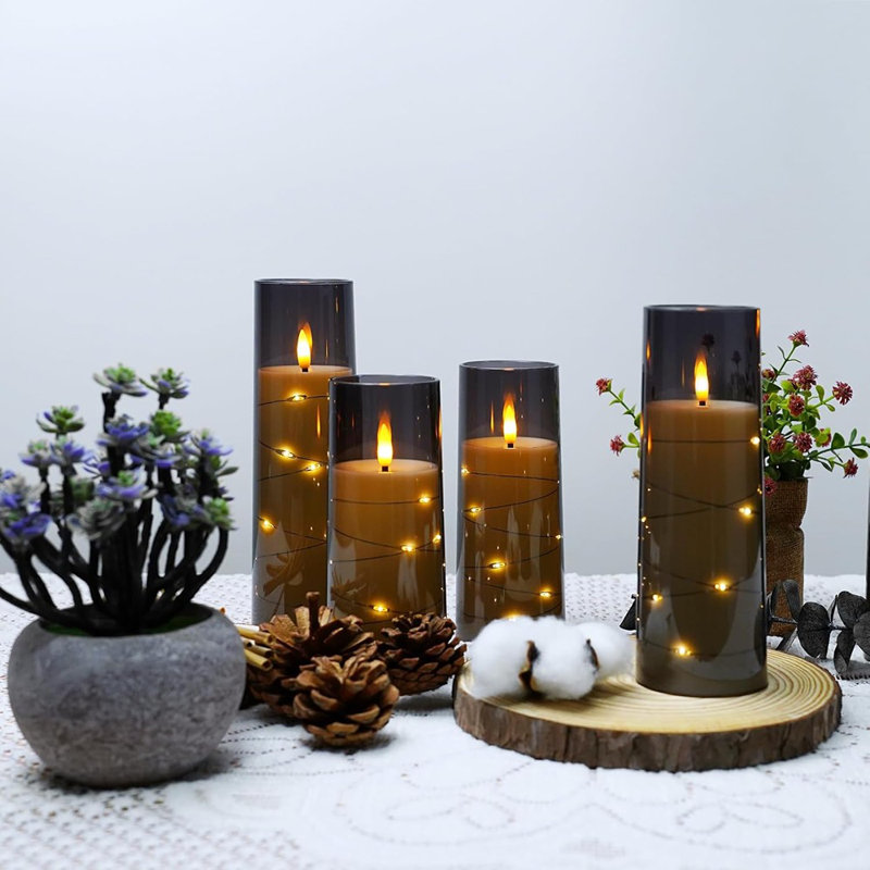 Bougies avec minuterie 5 bougies sans flamme scintillantes pour une ambiance romantique et une coque en acrylique stable pour la décoration intérieure, avec une chaîne d'étoiles intégrée, des bougies à piles (gris)