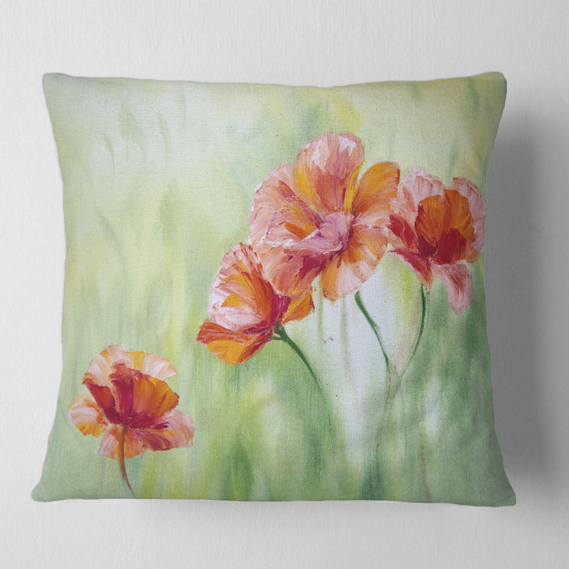 Red Blossoming Poppies I - coussin traditionnel imprimé, 18" x 18"