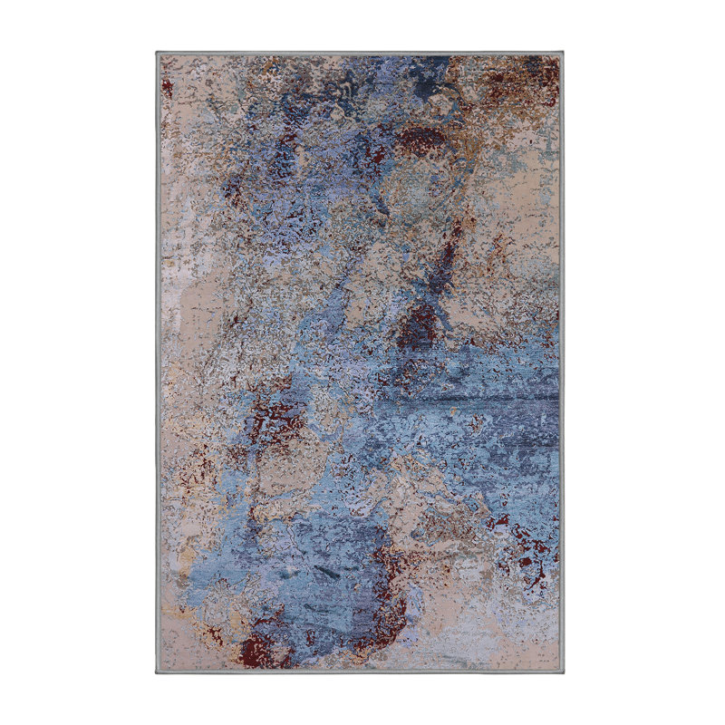 Tapis bleu / brun à motif abstrait Boyster, Rectangle 2 pi x 4 pi