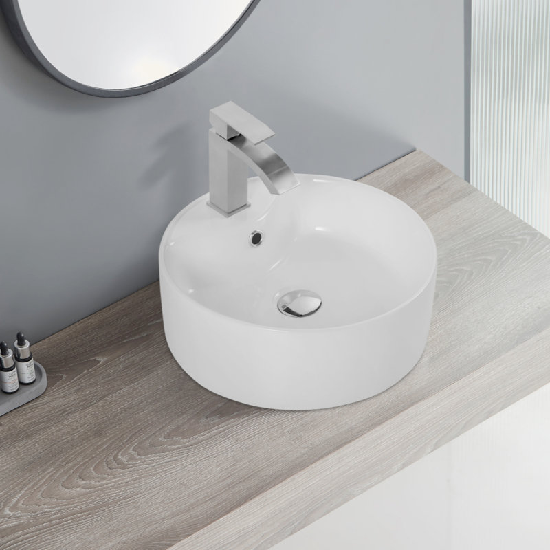 Lavabo de comptoir rond en céramique (finition blanche) certifié CUPC