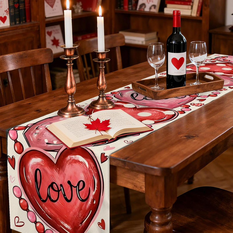 Chemin de table de la Saint-Valentin, chemin de table de la Saint-Valentin, cœurs, gnomes, camion, Buffalo, plaid, décoration d'anniversaire de mariage