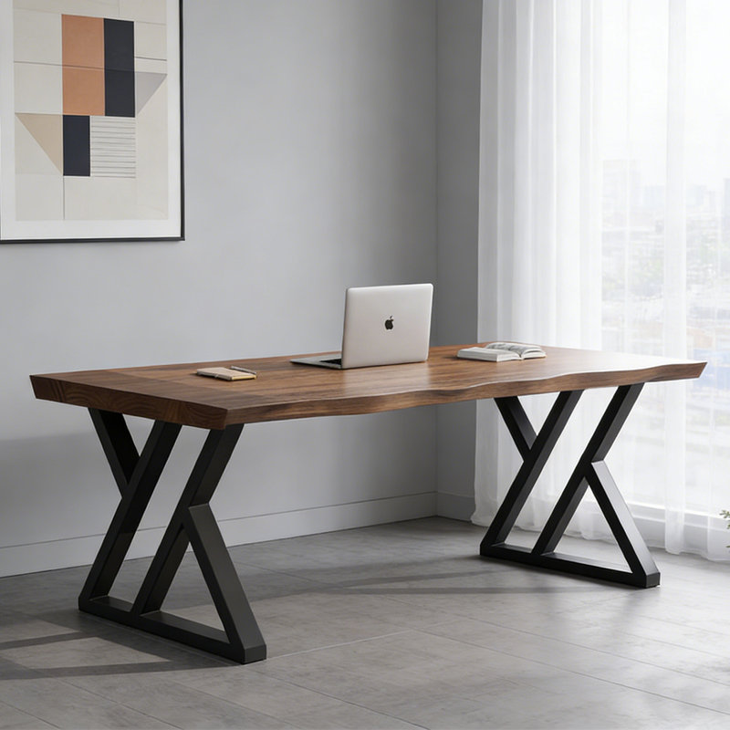 Bureau en bois massif Natural Edge avec pieds en fer épaissi, H 29,33 po x l 78,54 po x P 31,3 po