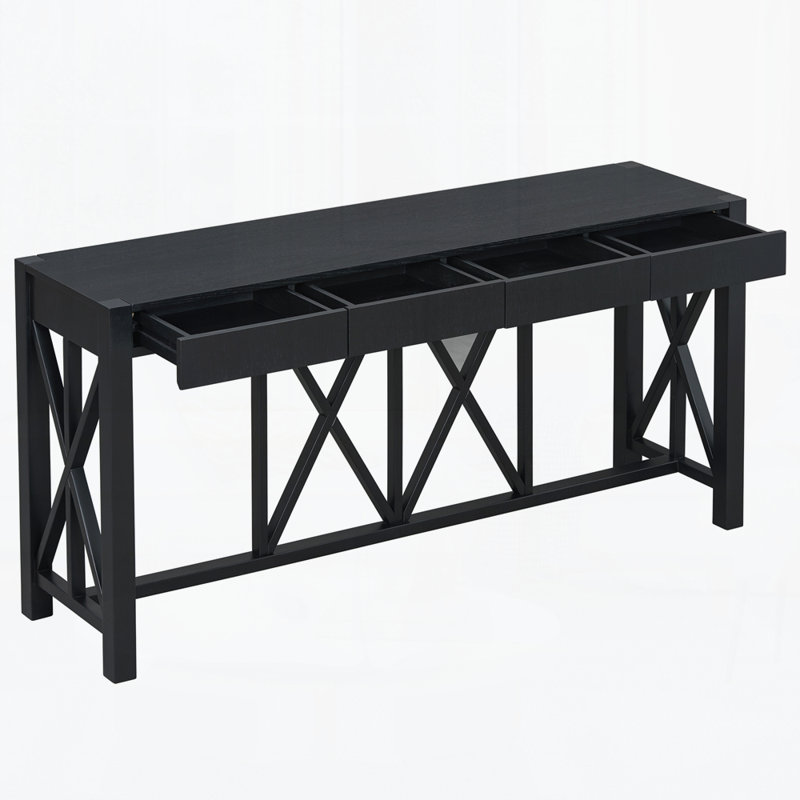 Console rectangulaire avec 4 tiroirs spacieux, rangement inférieur ouvert, Noir
