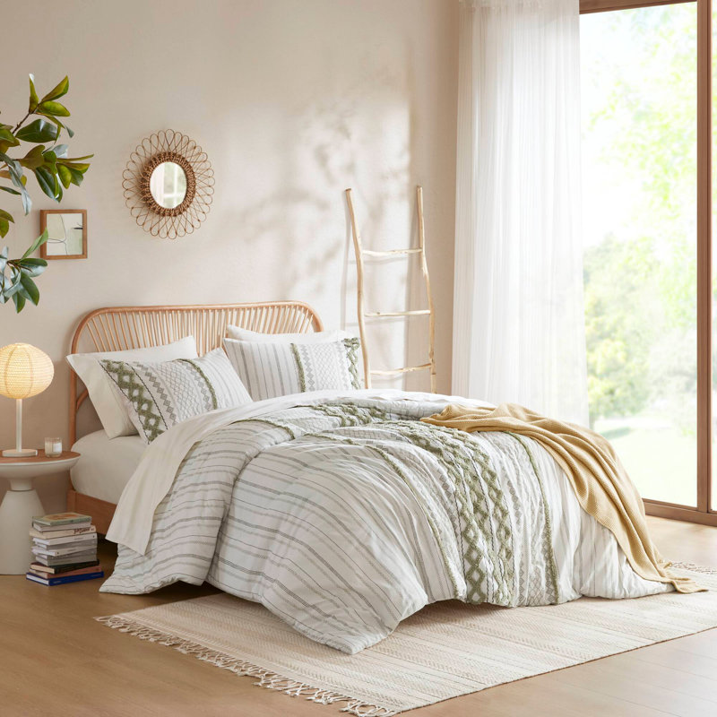 Ensemble d'édredon en coton avec chenille 3 pièces pour lit double / grand - accents sauge / ivoire