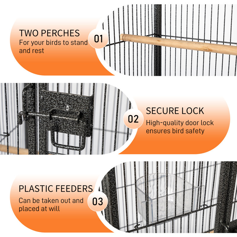 53" Black Iron Flight Bird Cage with Rolling Stand and Storage Shelf