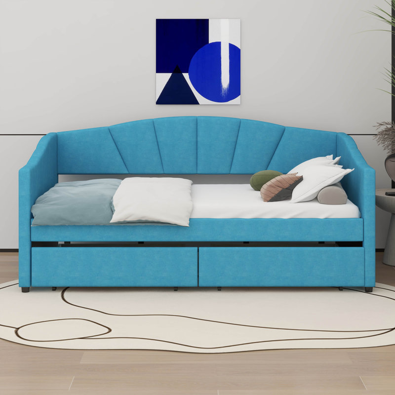 Lit de jour simple en coin avec 2 tiroirs, Bleu