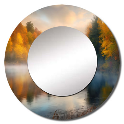 Gwenell Misty Lake II - Forest Decorative Wall Mirror, Country Large Round Mirror, Printed Metal Art
