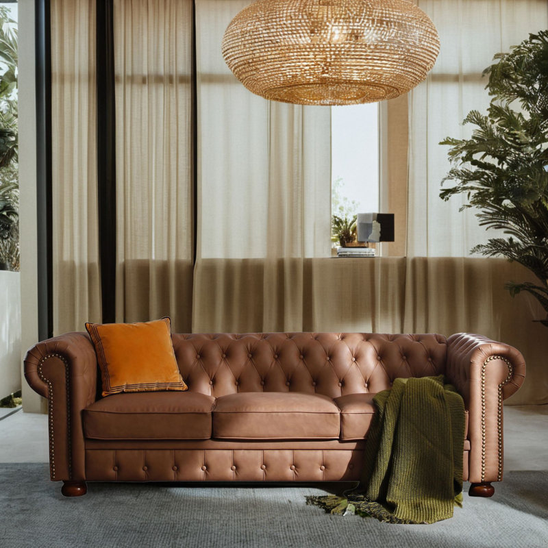 Canapé Chesterfield en similicuir à accoudoirs roulés de 89 po Kiryak, Similicuir brun