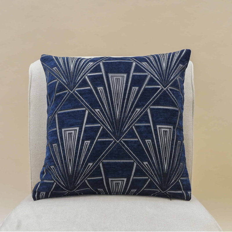 Art Deco Geometric Velvet Chenille Cushion in Navy Blue, 43x43cm, Synthetic filled