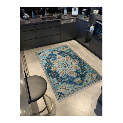 Tapis lavable décoratif floral bleu à motif floral traditionnel