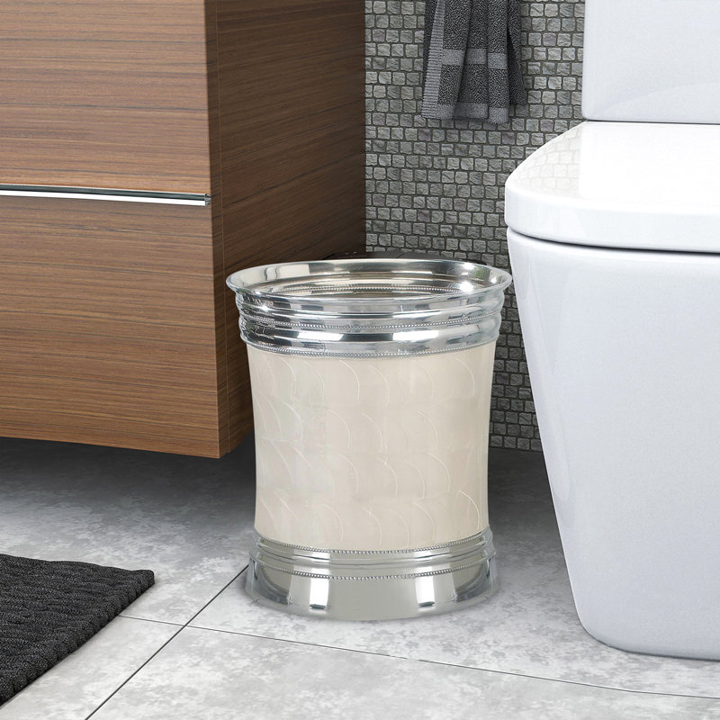 Polished Silver and Enamel Round Bathroom Wastebasket