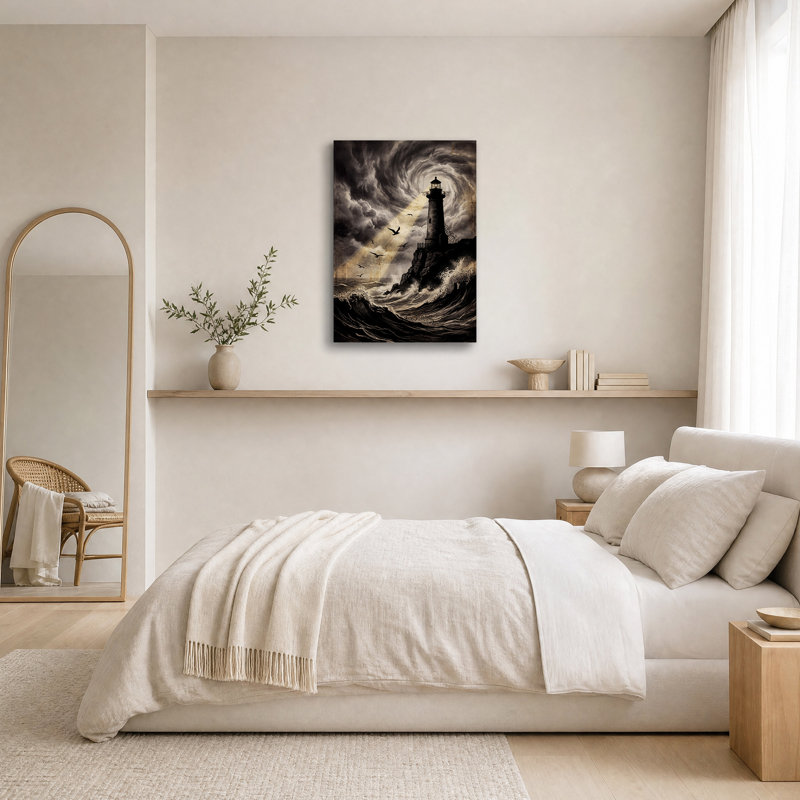 Art mural rétro sur toile, phare et tempête, H 18 po x l 12 po