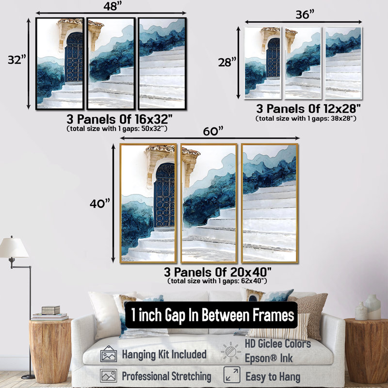 «Blue Chefchaouen Blue City In Morocco I», ensemble d'art mural, Toile avec cadre flottant brun, H 32 po x l 48 po x P 1 po