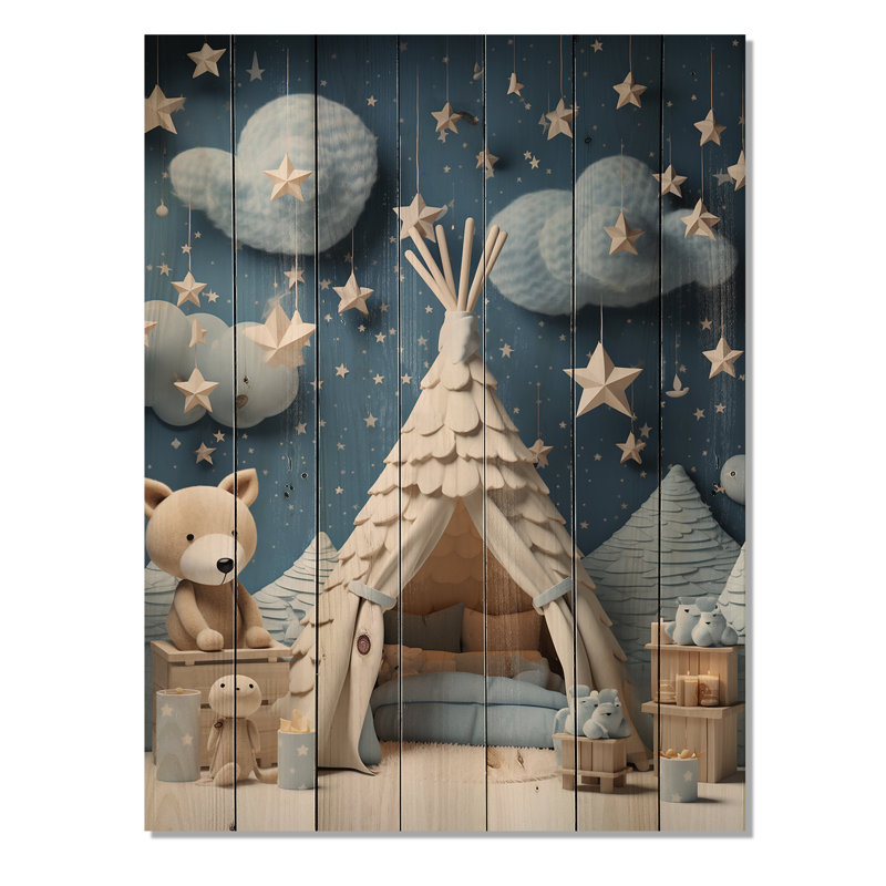 Child Nursery Starry Night I - Animal Nursery's On Wood Print, H 20 po x l 10 po
