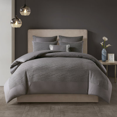 Ensemble de housse de couette 3 pièces N Natori Hanae en mélange de coton gris teint en fil, pour lit double/queen